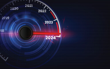 New year 2024 car speedometer, red indicator on black blur background - obrazy, fototapety, plakaty