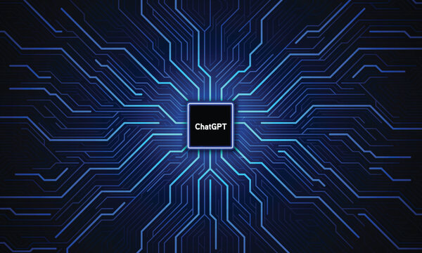 ChatGPT conversation method illustrations. Artificial intelligence chatbot logo on circuit board, ChatGPT AI Chatbot concept, vector illustration