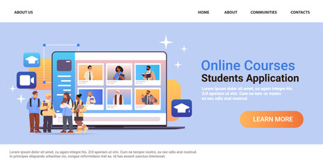 students group discussing during video call on laptop screen virtual conference online courses education day live webinar e-learning
