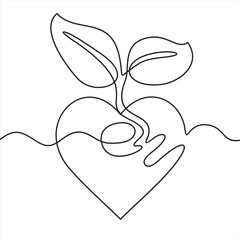 Single continuous one line art growing sprout with heart. Plant leaves and heart, seedling eco natural concept design. Illustration with quote template.