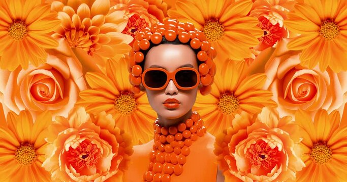 Fashion luxury model in orange flower space. Stylish animation collage art