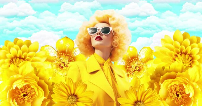 Fashion luxury model in yellow flower space. Stylish animation collage art