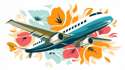 Floral airplane illustration in naive styles. Colorful transport in flowers and plants. - obrazy, fototapety, plakaty