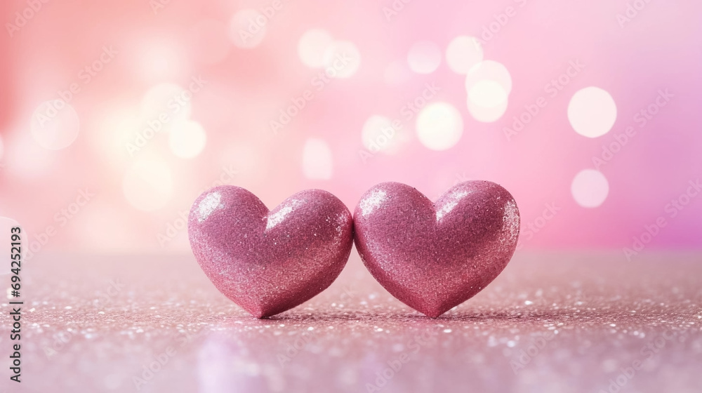 Wall mural copy space, stockphoto, two hearts on pink glitter in shiny background - valentine's day concept. be