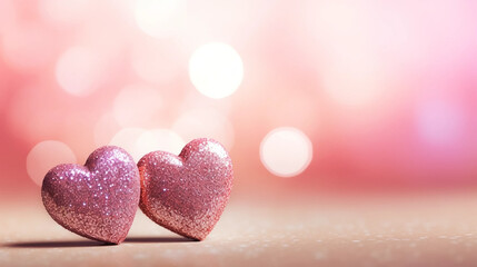 Fototapeta premium copy space, stockphoto, Two Hearts On Pink Glitter In Shiny Background - Valentine's Day Concept. Beautiful valentine background with some red hearts. Romantic background or wallpaper for valentine’s 