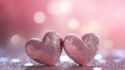 Fototapeta premium copy space, stockphoto, Two Hearts On Pink Glitter In Shiny Background - Valentine's Day Concept. Beautiful valentine background with some red hearts. Romantic background or wallpaper for valentine’s 