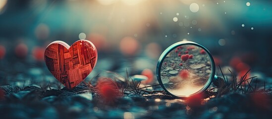 Defining love with magnifying and blurry heart background. - obrazy, fototapety, plakaty