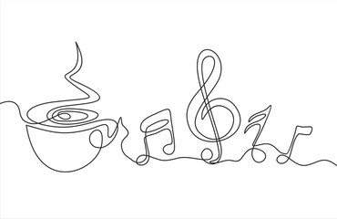 Continuous one line drawing of Cup of coffee with musical notes.