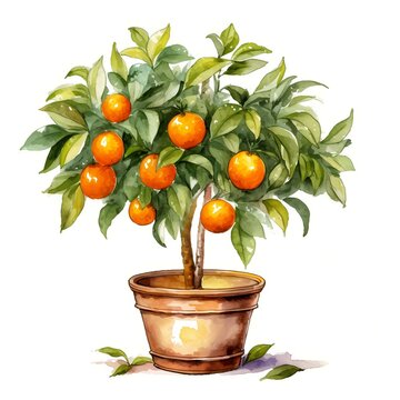 Calamondin Orange Tree or small orange in minimal style pot watercolor painting