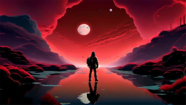 the moment an astronaut steps into the unknown realms of space. In the background, a red glowing planet and stars, with the reflection on the water surface emphasizing the astronaut's solitude and spi