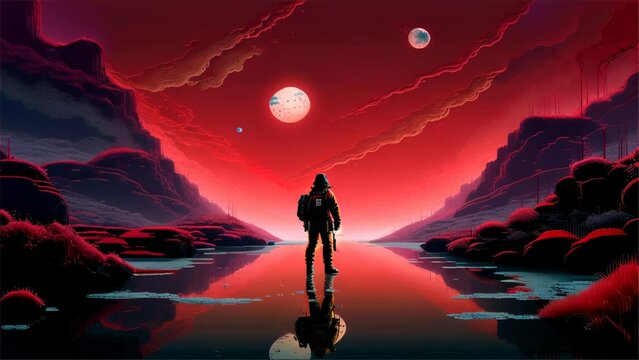 the moment an astronaut steps into the unknown realms of space. In the background, a red glowing planet and stars, with the reflection on the water surface emphasizing the astronaut's solitude and spi