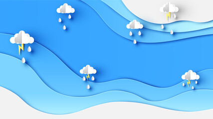 Illustration of rainy season on abstract sky background. Rainy season background. paper cut and craft style. vector, illustration.