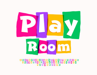 Vector creative flyer Play Room. Bright Colorful Font. Funny Kids Alphabet Letters and Numbers 