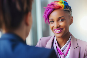 Beautiful homosexual job candidate in an inclusive and fair  job interview. Diversity, equity, inclusion, and belonging in business.