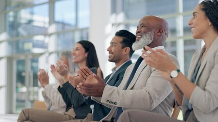 Audience, business people and applause in workshop, success and happy for conference, diversity or goals. Men, women and smile in crowd for tradeshow, goals and team building with coaching in event
