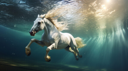 Obraz na płótnie Canvas White horse jump into a water. Underwater photography. Animal dive into the Depths. Beauty of wild nature. Hunting.