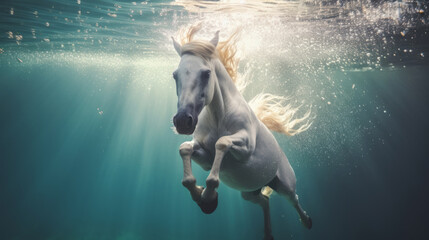White horse jump into a water. Underwater photography. Animal dive into the Depths. Beauty of wild nature. Hunting. - obrazy, fototapety, plakaty