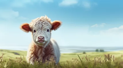  cute fluffy baby cow calf in green sunny meadow with copy space © Ricky