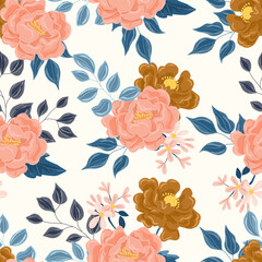 Hand Drawn Peach Rose Flower Seamless Pattern