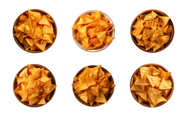 Collection set of nacho chips in a bowl isolated on a transparent background, top view
