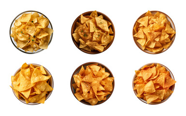 Collection set of nacho chips in a bowl isolated on a transparent background, top view