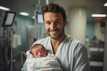 Happy Man with Newborn on a Maternity Hospital Background - obrazy, fototapety, plakaty