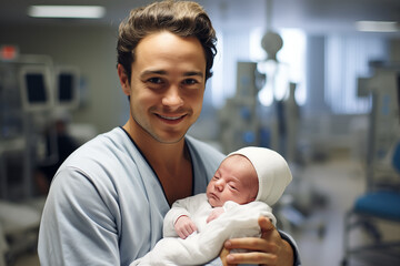 Happy Man with Newborn on a Maternity Hospital Background - obrazy, fototapety, plakaty