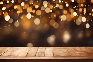 Wooden table dark background with golden light effects