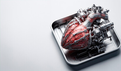 Corazón humano artificial biomecánico fabricado en serie. Corazón biónico - obrazy, fototapety, plakaty