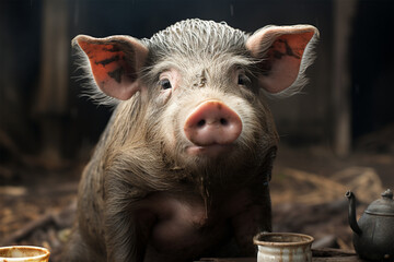Portrait of dirty cute pig eating with big ears - obrazy, fototapety, plakaty