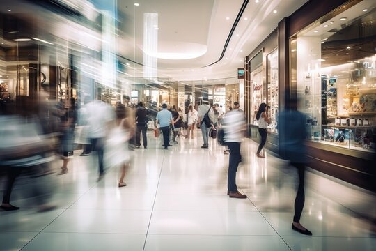 Blurry image of people with shopping bags in a busy department store.