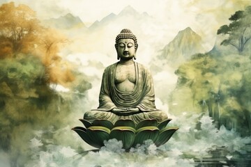 Buddha statue as wallpaper illustration - obrazy, fototapety, plakaty