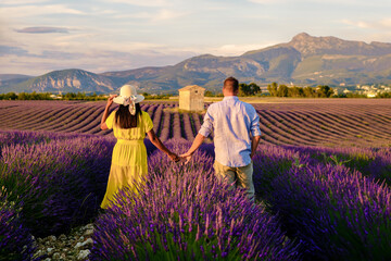Valensole Provence France, a colorful field of Lavender in bloom Provence Southern France Couple men and women on vacation at the Provence Southern France walking in a lavender field - obrazy, fototapety, plakaty