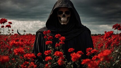 The grim reaper in a field of red flowers
