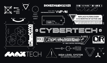 Cyberpunk style decals set. Set of vector car service stickers and labels in futuristic style. Inscriptions and symbols