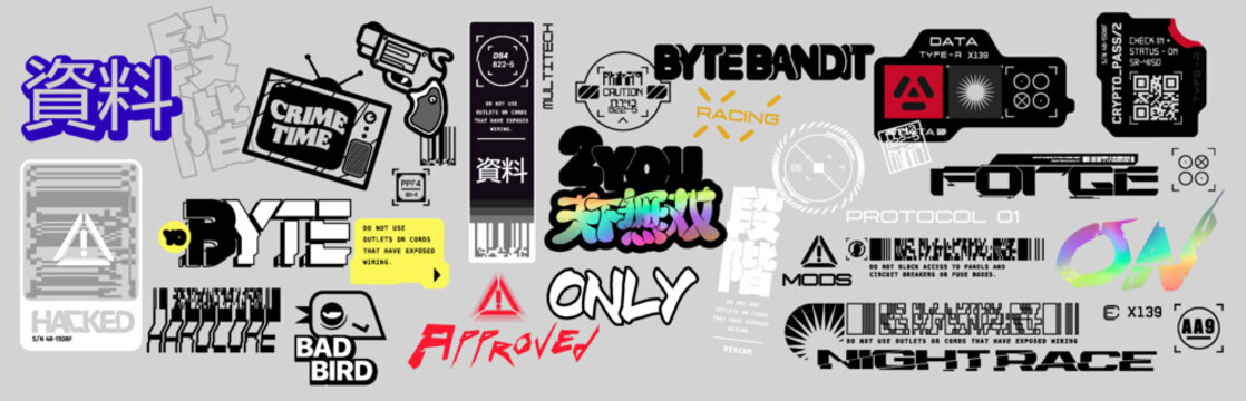 Cyberpunk style decals set. Set of vector car service stickers and labels in futuristic style. Inscriptions and symbols