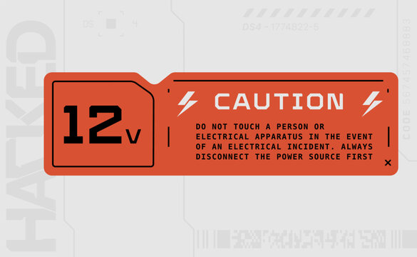 Cyberpunk style decal. Vector car service sticker in futuristic style. Inscription Caution 12v 