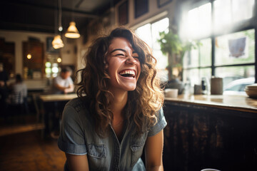 portrait of a woman in a cafe laughing