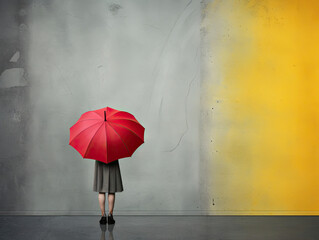 Woman in umbrella against a grey/yellow background