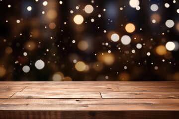 Wooden table dark background with golden light effects