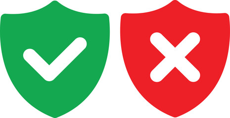 Protection and unprotection, green shield checkmark & red shield cross - obrazy, fototapety, plakaty