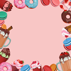 Vintage frame for your text decorated with sweets, cupcakes, macarons cookies, cakes, doughnut