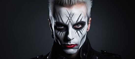 A gothic-punk man with Cosplay-inspired makeup celebrating Halloween or the Day of the Dead.