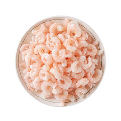 Plate of frozen boiled shrimps cutout. Heap of cooked peeled prawn tails on a plate isolated on a white background. Shrimps prepared for cooking. Seafood recipe concept.