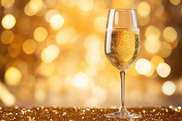 Champagne in the nigh with lights bokeh, glitter and sparks on the background
