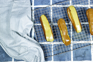 homemade delicious french chocolate and caramel eclair pastry 
