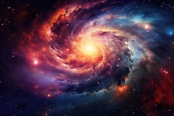 A view from space to a colorful spiral galaxy and stars.