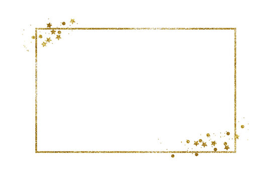 Golden glitter frame with corner arrangements with confetti isolated on white or transparent background
