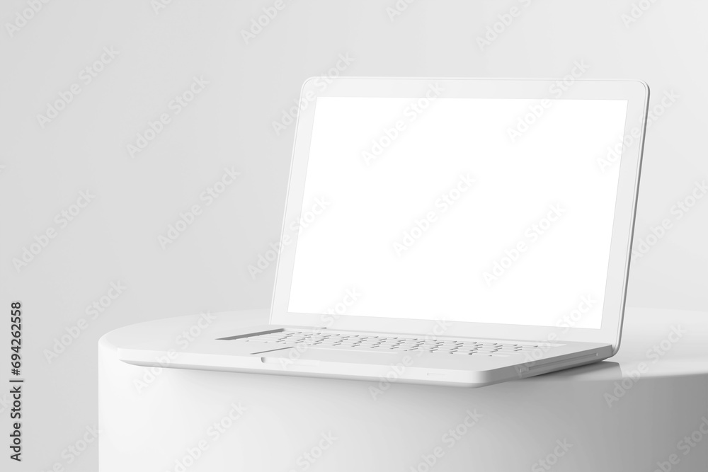 Poster grey clay minimalist style of a notebook laptop in perspective view on circular podium product displ