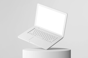 grey clay minimalist style of a notebook laptop in perspective view on circular podium product display composition with empty blank screen 3d illustration rendering - obrazy, fototapety, plakaty